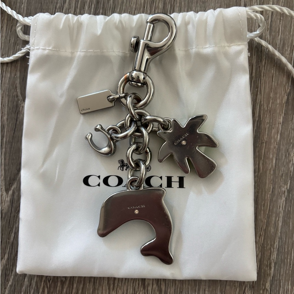 Coach Dolphin Palm Tree Cluster Silver Bag Charm Keychain - Picture 5 of 5